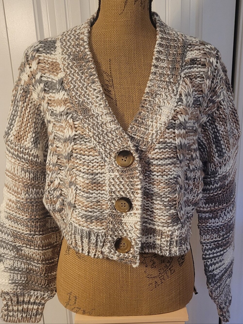 FORE Marled Mocha/Gray/Ivory Shorter Cardigan, NWT, S, Amazing Quality!🩶🤍🤎